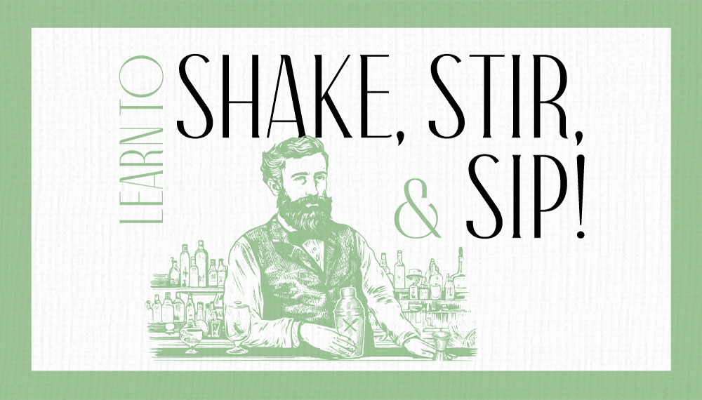 mixology class flyer with bartender graphic featured